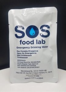 SOS Food Lab Emergency Drinking Water 125 ml sachets, case 96 pouches. Approved by USCG