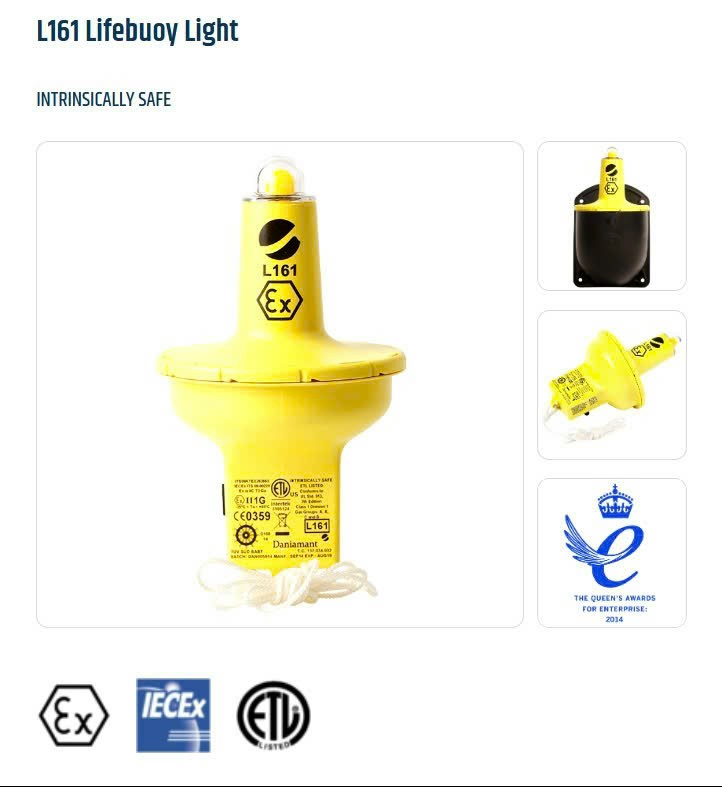 Lifebuoy light L161 Intrinsically safe, ATEX, IECEx, ETL, IEC60945 Approvals, 5 year expiry