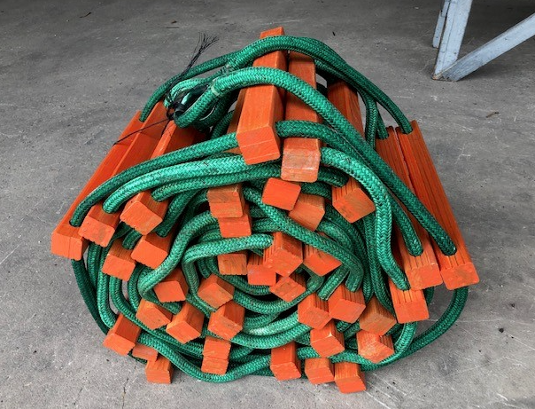 BILLY PUGH, , OAKWOOD RUNGS (2" x 2" x 18")Non-skid surface; rung: 14” apart; painted international orange; 3/4” double braid nylon ropes; dipped in urethane to resist fire chemicals and bond to fibers for additional durability; 600 lbs. safe working load / rung; SS thimble eyes on top, part: WRN-18-14