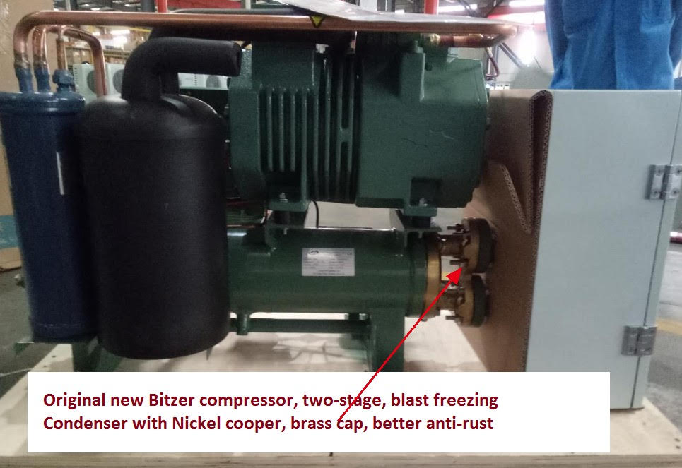 12HP Bitzer compressor, 1.8 tons blast freezing per day, sea water cooled