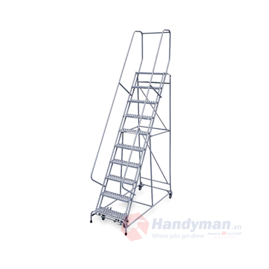 10 Step Welded Steel Rolling Ladder - With Handrails - Perforated Tread #1010R2632A6, top step height 100", top overall height 130"