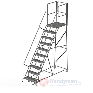 11 Step Welded Steel Rolling Ladder - With Handrails - Perforated Tread #1011R2632A6, top step height 110", top overall height 140"