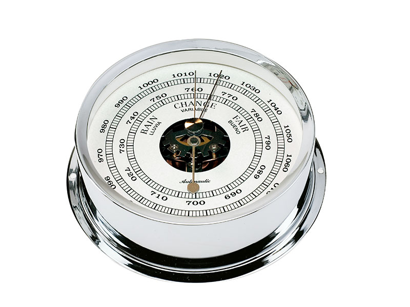 120 mm brass barometer. Chrome. Wall fixing mounting ring incl.