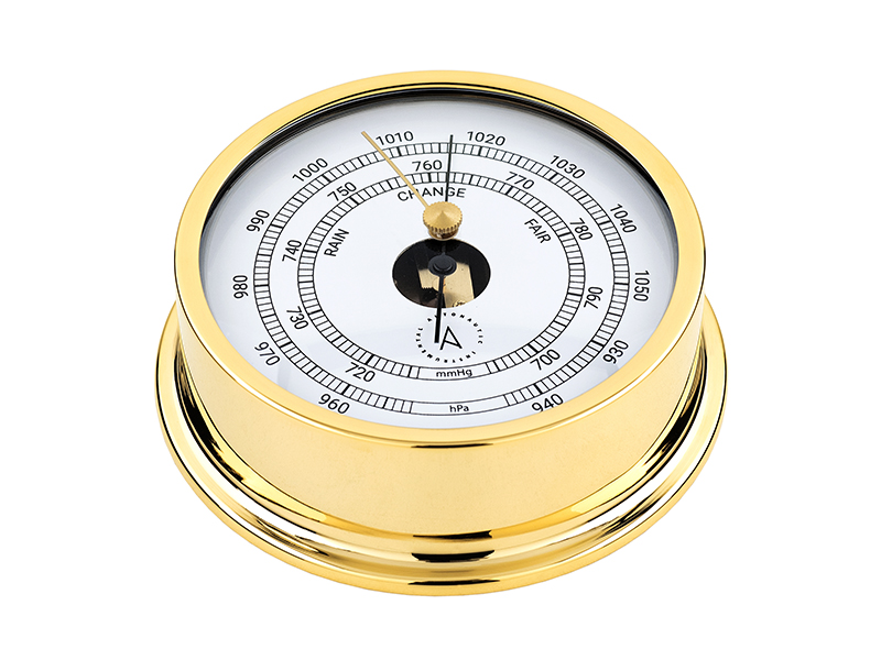 120 mm brass barometer. Gold plated. Wall fixing mounting ring incl