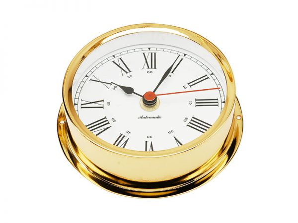 120 mm brass quartz clock. Gold plated. Wall fixing mounting ring incl.