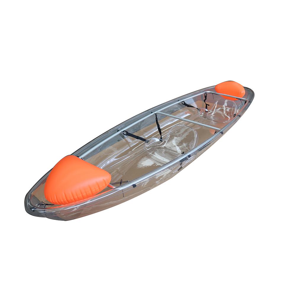 2 Person Transparent Fishing Kayak With Clear Glass Bottom c/w 2 paddles, 2 clear seats. Material: polycarbonate. Length: 3.1-4m, width: 0.85m. Weight: 21kgs. Max capacity: 225kg.