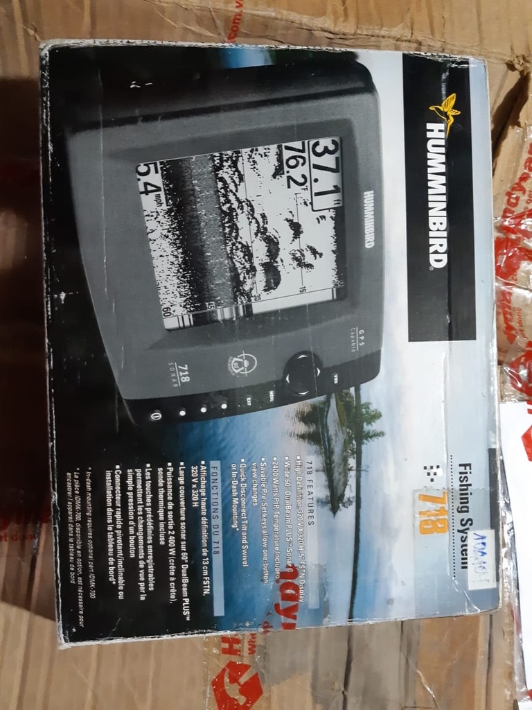 The Humminbird 718X Fish Finder and GPS Chart Plotter features a 5" display with a DualBeam PLUS sonar transducer providing 300 watts of power. Model: 718X, Manufacturer: Humminbird, USA.