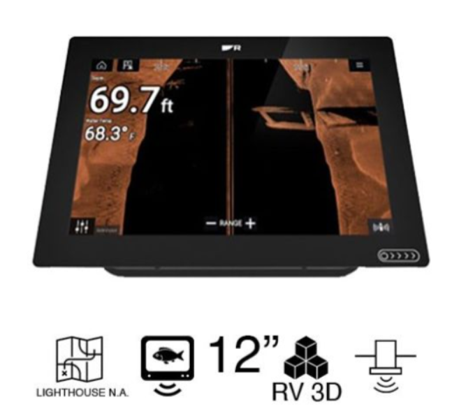 Raymarine AXIOM+ 12 RV, Multi-function 12” Display with integrated RealVision 3D,600W Sonar with RV-100 transducer with LightHouse North America Chart, part no:E70639-03-102