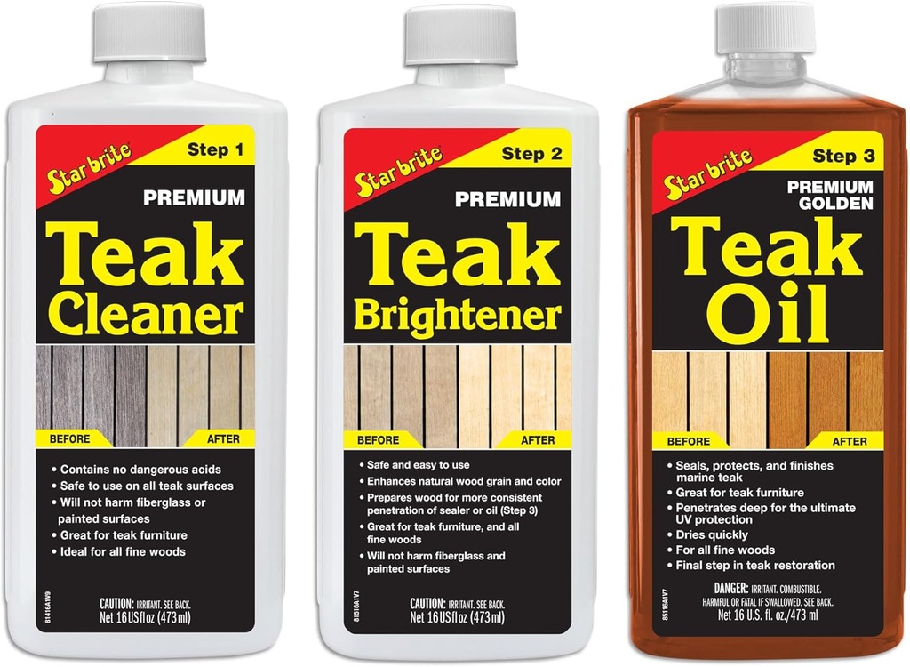 STAR BRITE Teak Kit - Restore, Protect & Renew Outdoor Furniture & Boats - Marine Grade Teak Cleaner, Brightener & Golden Teak Oil 32 oz kit / Bộ sản phẩm STAR BRITE Teak - Phục hồi, Bảo vệ & Làm mới Đồ nội thất ngoài trời & Thuyền - Bộ sản phẩm Chất tẩy gỗ Teak cấp hàng hải, Chất làm sáng & Dầu gỗ Teak vàng, dung tích 32 oz (946 ml)